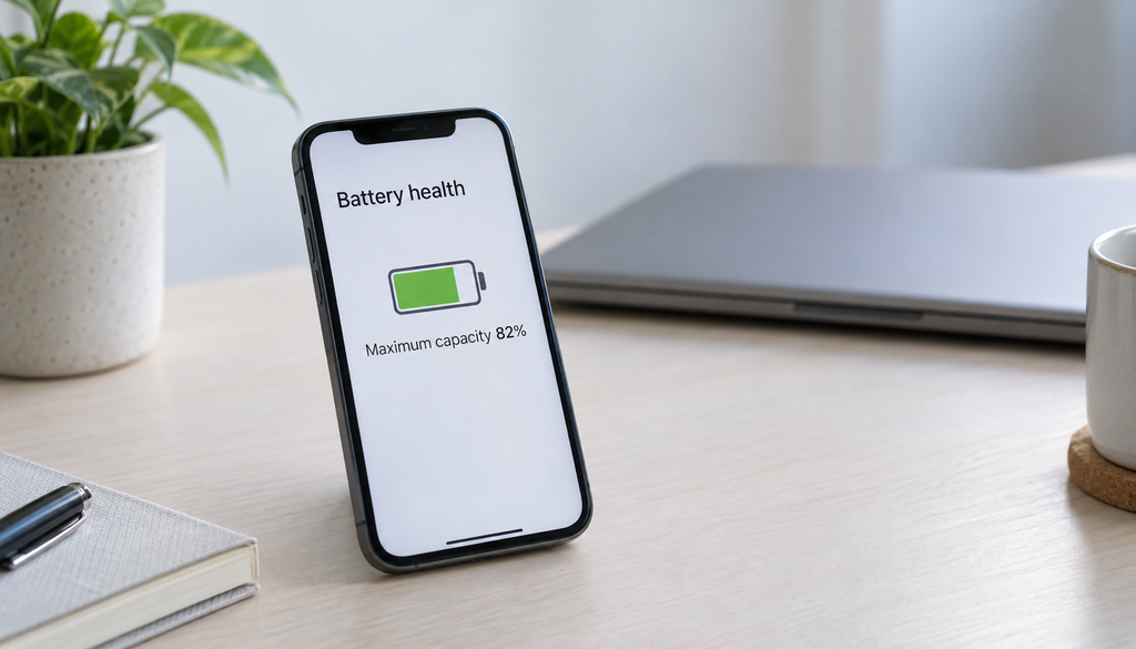 Illustrative smartphone battery-health screen showing a maximum-capacity percentage