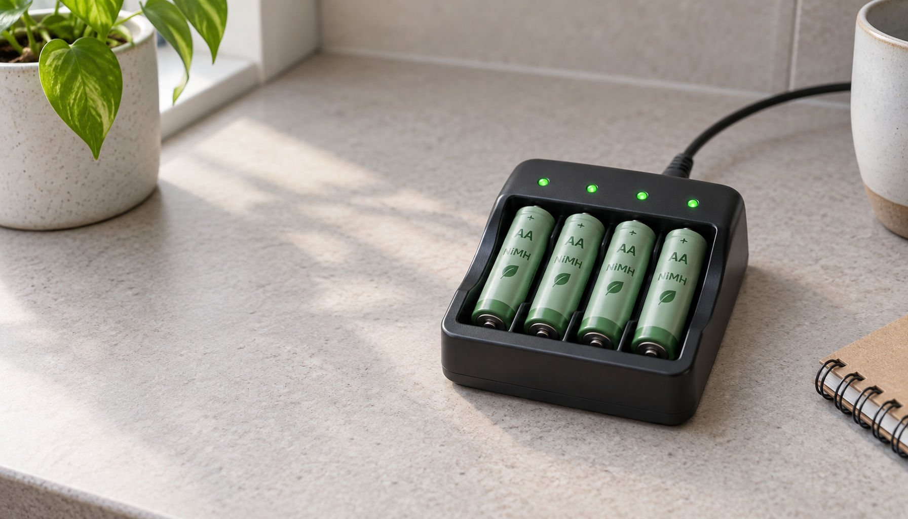 Illustrative view of four rechargeable AA batteries in a four-slot charger