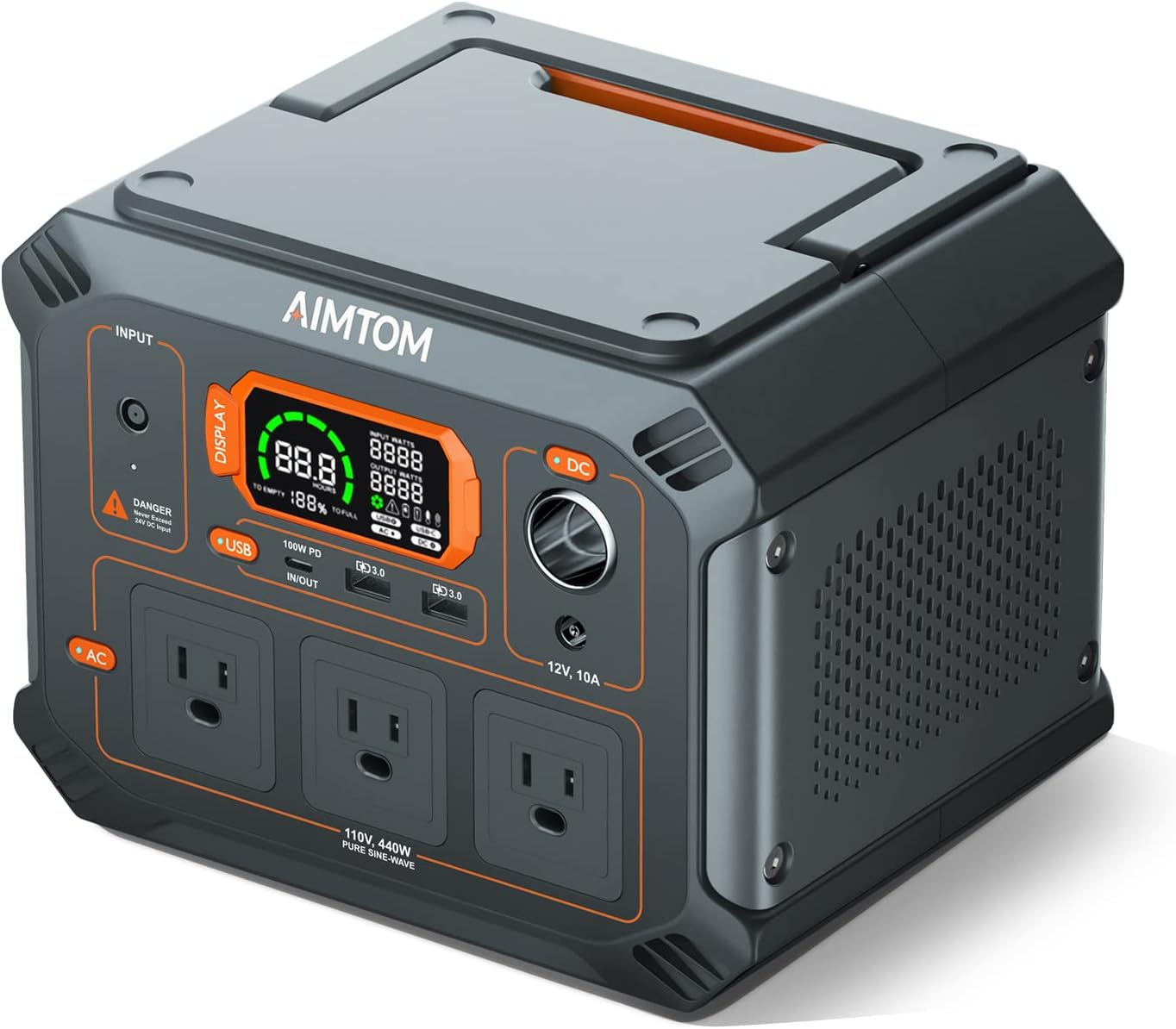 AIMTOM portable power station product photograph with carrying handle and front-panel outlets
