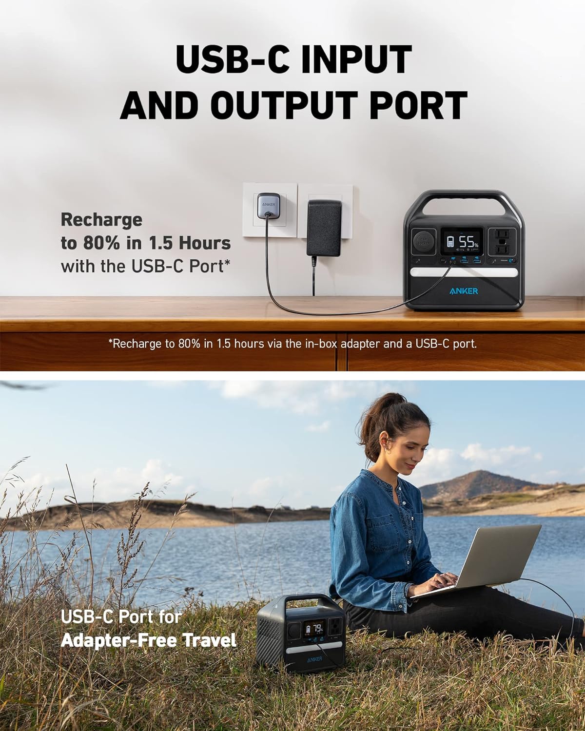 Anker 521 Portable Power Station, 256Wh Solar Generator (Solar Panel Optional) with LiFePO4 Battery Pack, 200W 6-Port PowerHouse, 2 AC Outlets, 60W USB-C PD Output, LED Light for Outdoor Camping, RV