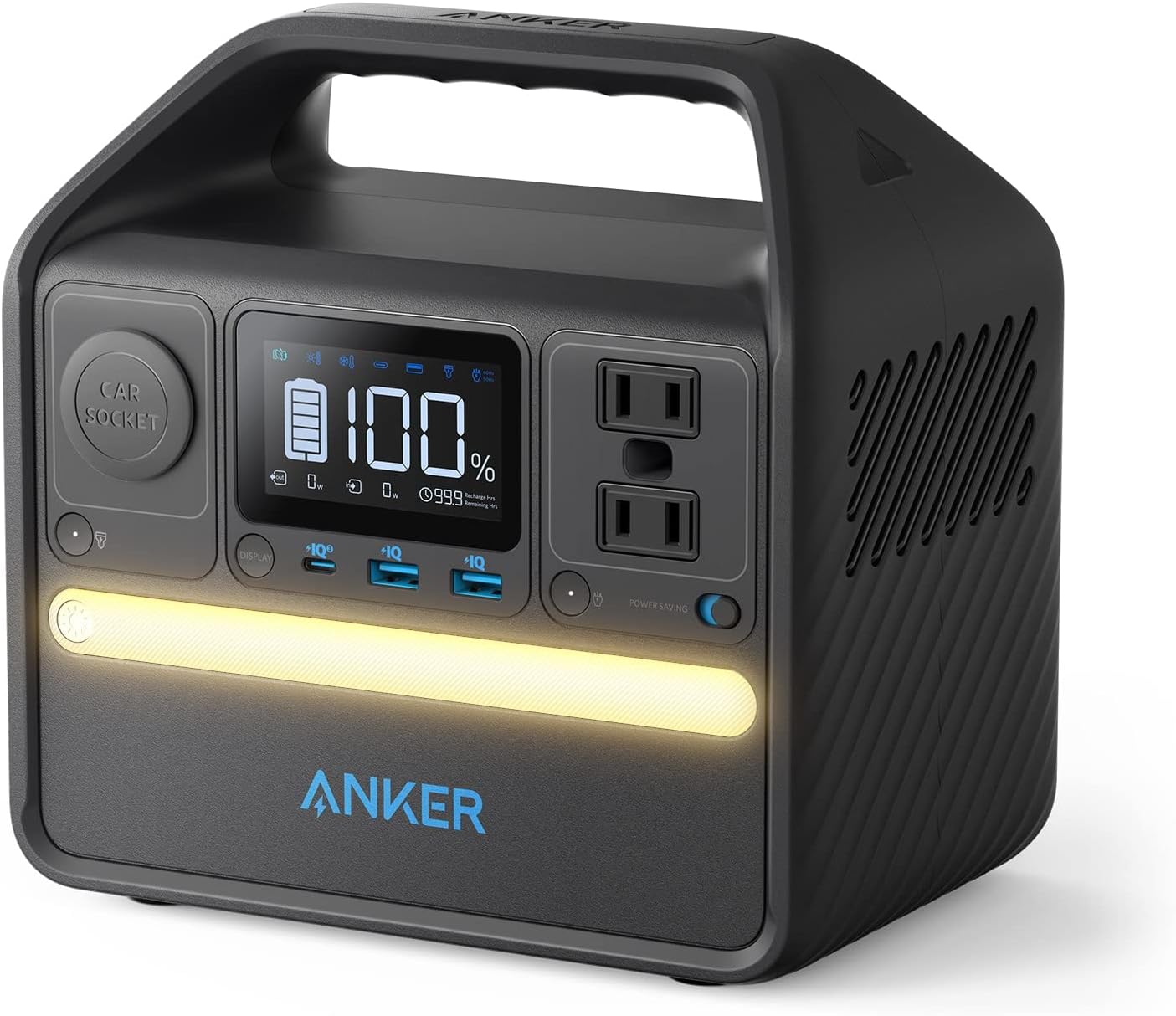 Anker 521 portable power station product photograph showing its front outlets and light bar