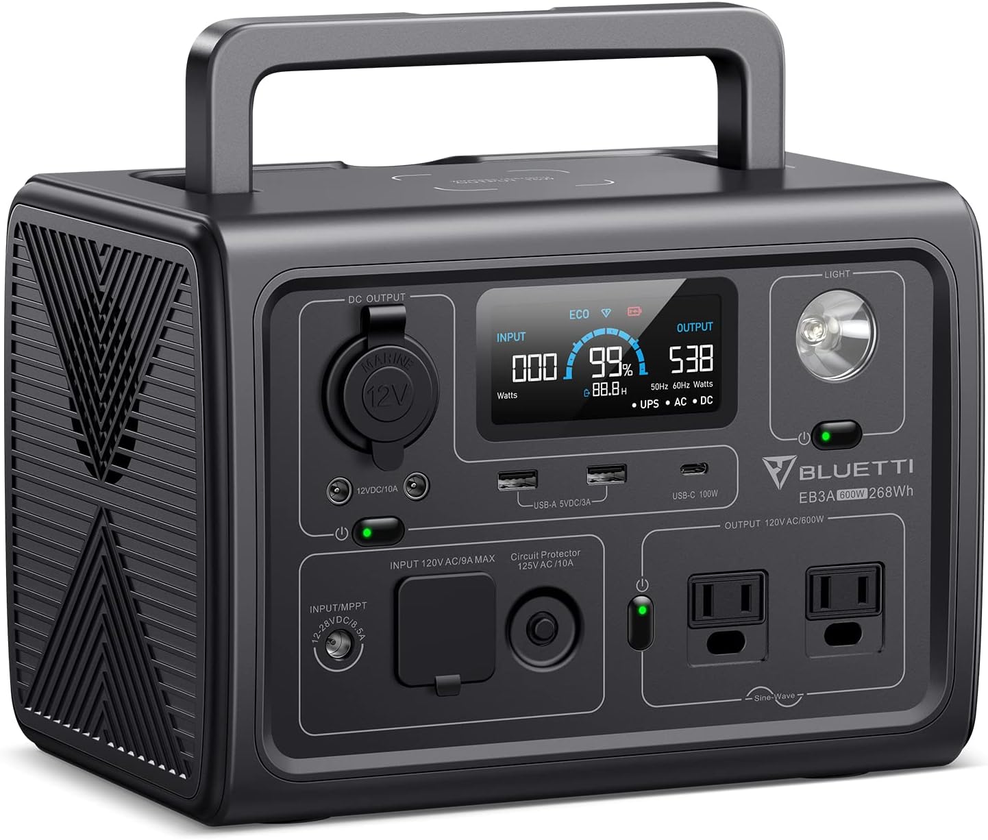 Bluetti EB3A product photograph showing the display and front-panel connections