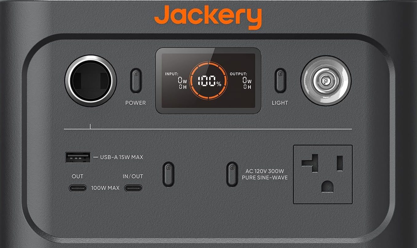 Jackery Explorer 300 Plus product photograph showing the front display and output ports
