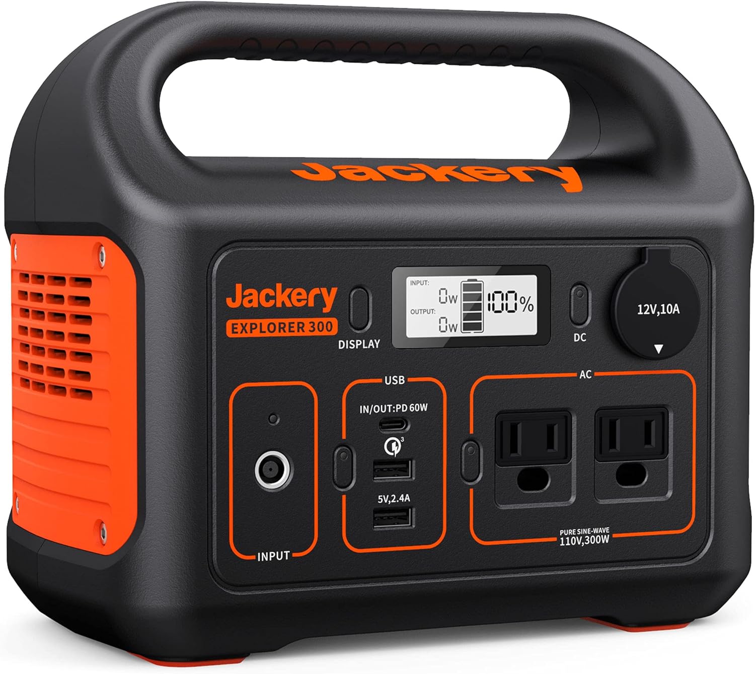Jackery Explorer 300 product photograph showing its carrying handle and front output panel