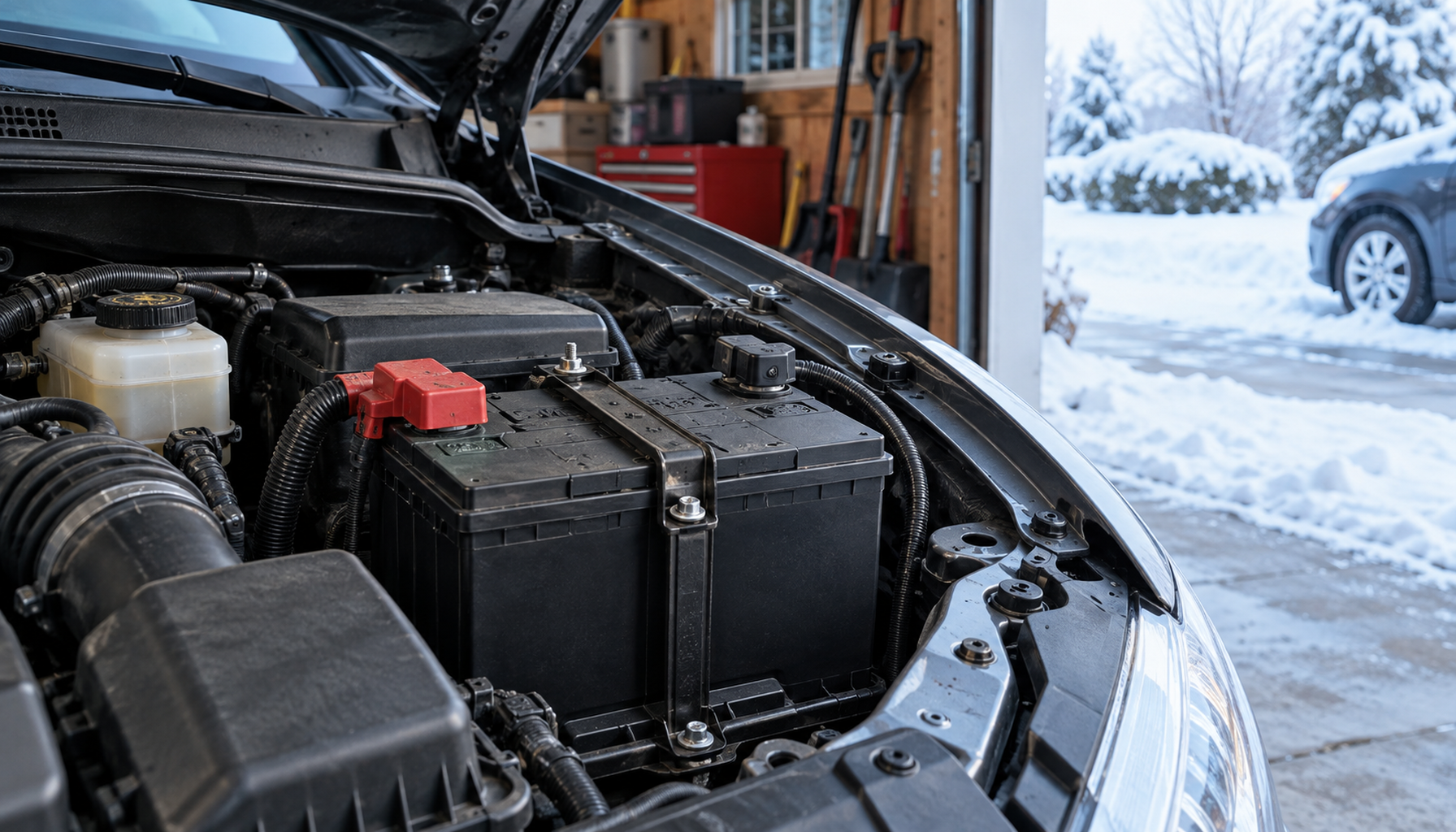 Illustrative car battery installed in an engine bay with winter weather outside the garage