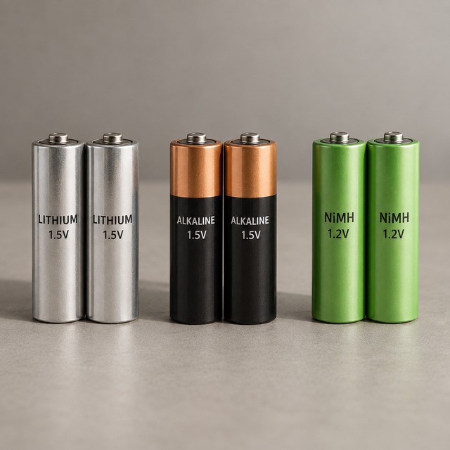 Illustrative cylindrical cells marked as lithium, alkaline and NiMH battery types