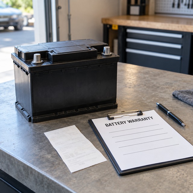 Illustrative car battery on a workbench beside a clipboard headed Battery Warranty