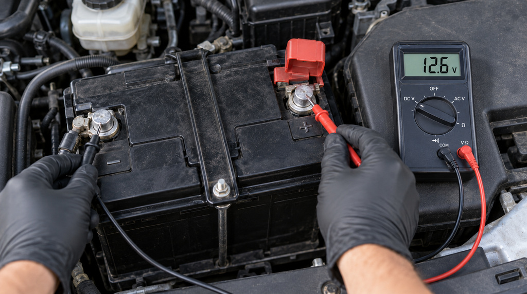 Photorealistic depiction of a mechanic checking a car battery with a multimeter reading 12.6 V, red probe on positive and black probe on negative