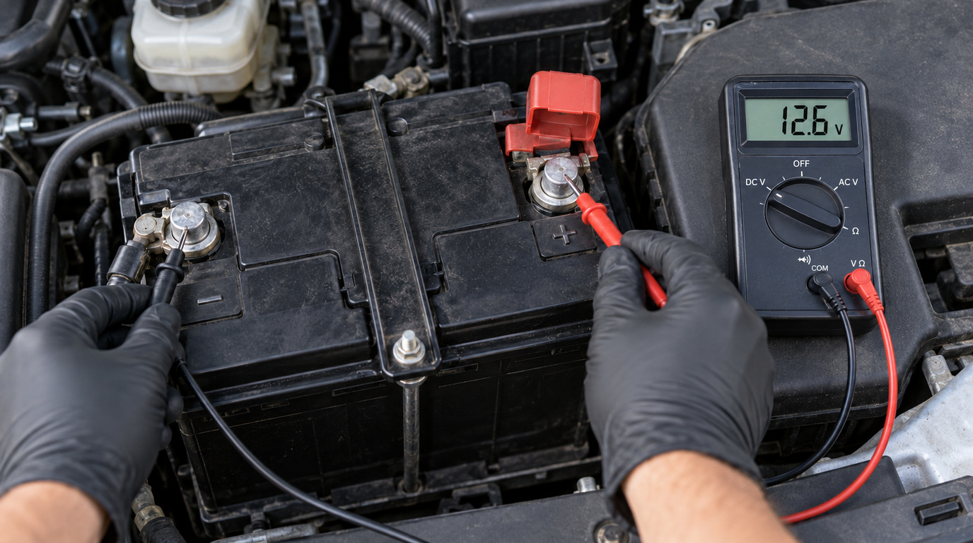 Realistic depiction of red and black multimeter probes on the corresponding car battery terminals with a 12.6 V reading