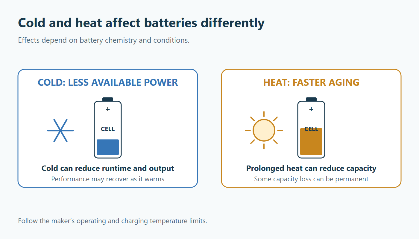 Cold can reduce available battery power while prolonged heat can accelerate lasting capacity loss