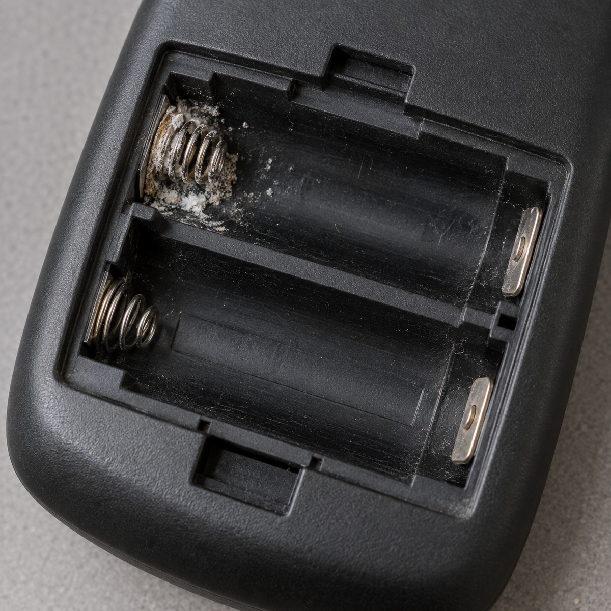 Illustration of white alkaline leakage residue around a corroded spring contact in an empty battery compartment