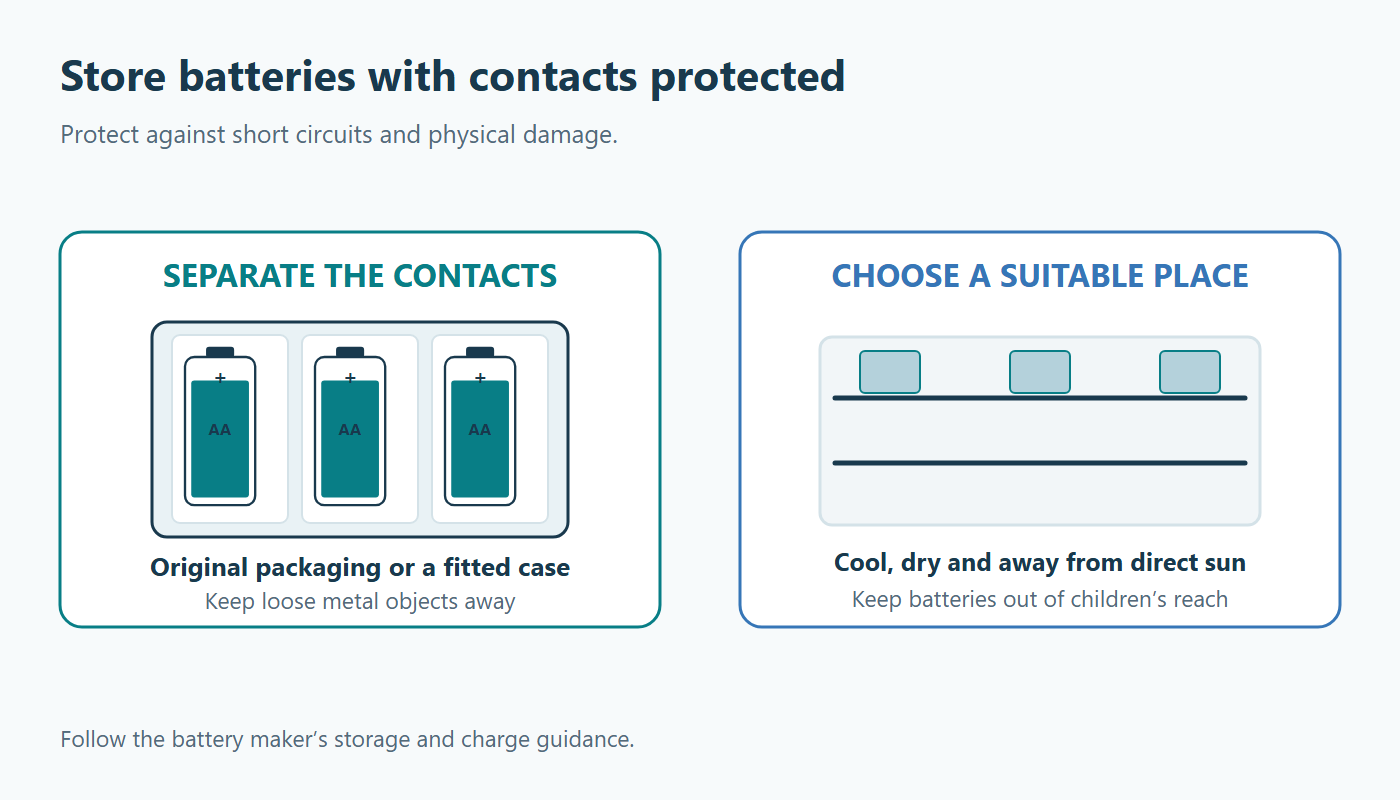 Conceptual battery storage guidance showing isolated contacts and suitable shelf storage