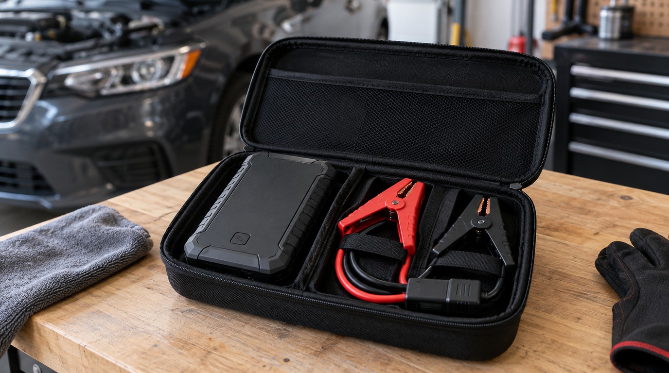 Illustrative portable jump-starter kit with a protective case and red and black clamp leads