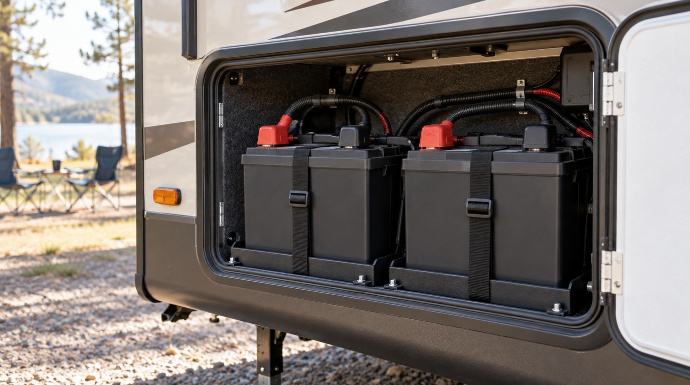 Illustrative RV battery compartment with batteries secured in a tray and protected terminals