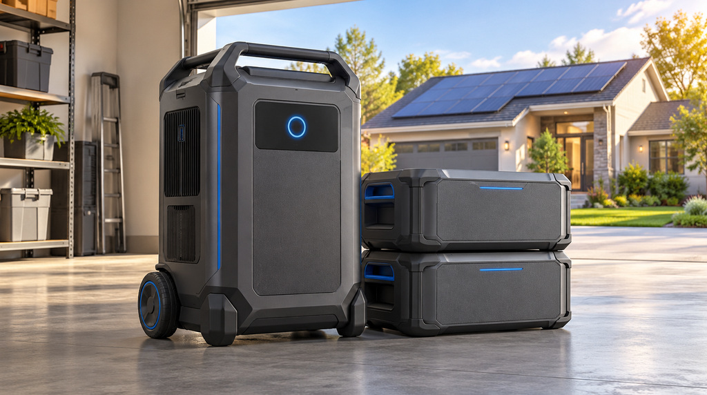 Conceptual illustration of an unbranded wheeled power station and expansion batteries in a garage beside a solar-powered home