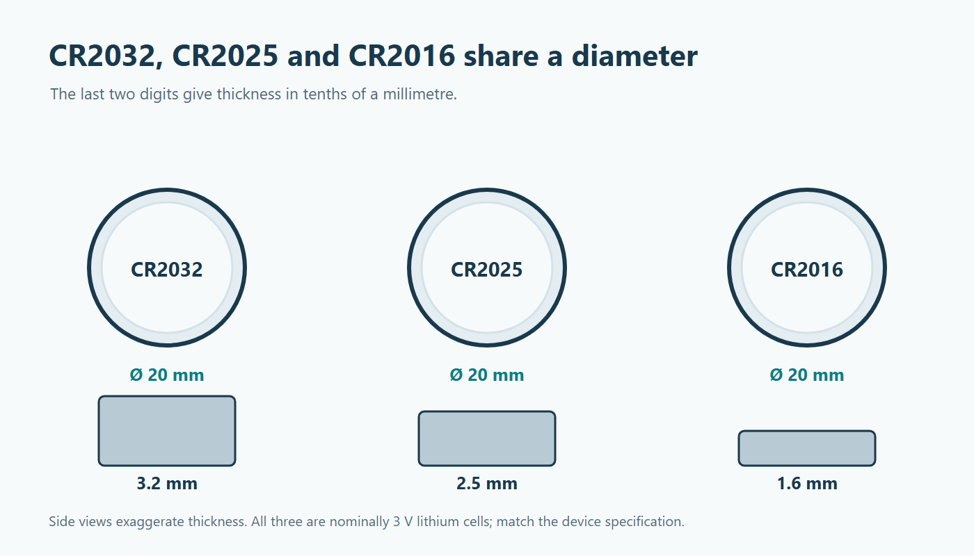 CR2032, CR2025 and CR2016 share a 20 mm diameter but have different thicknesses