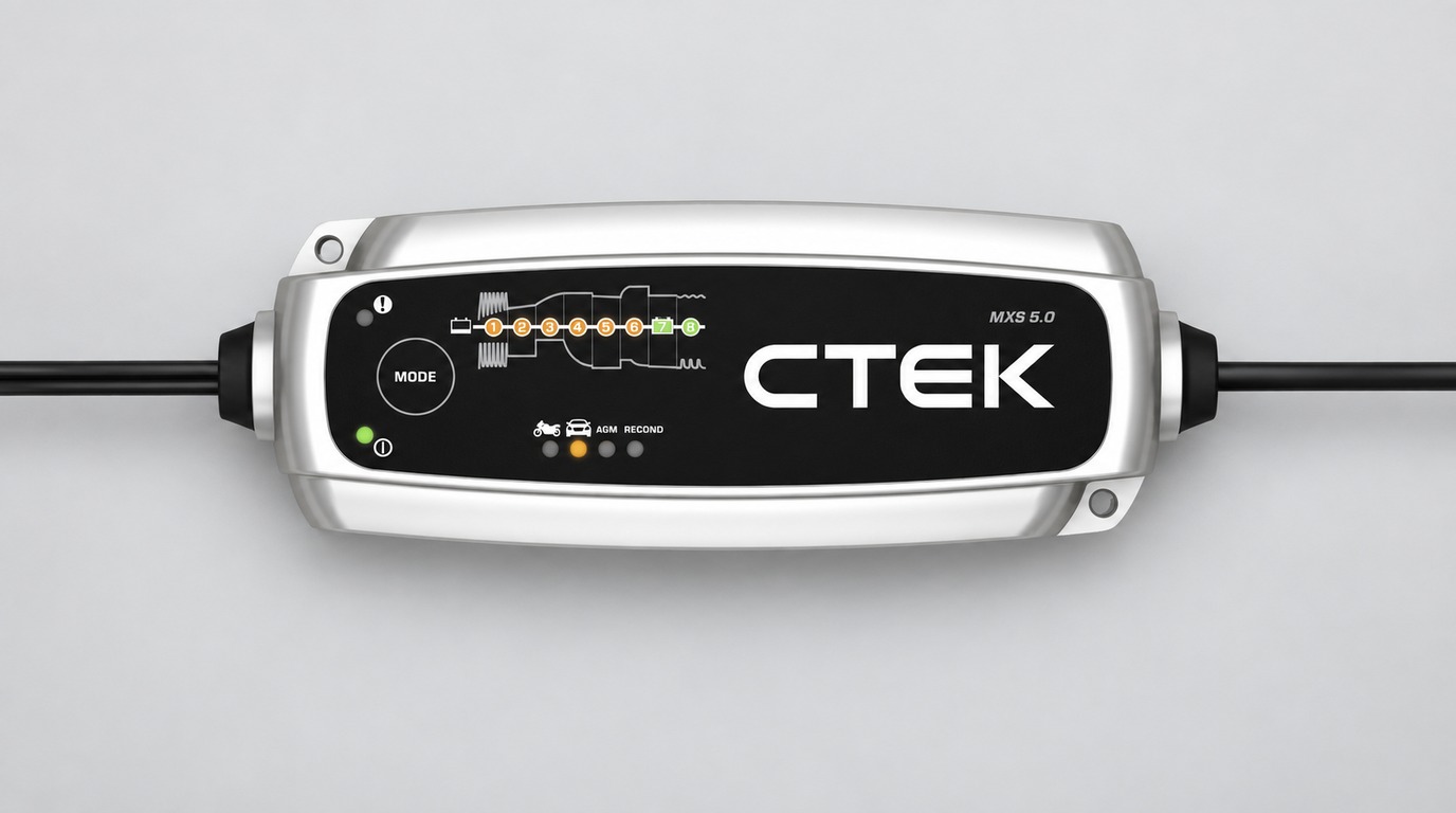 CTEK MXS 5.0 smart charger with charging-stage and battery-mode indicators
