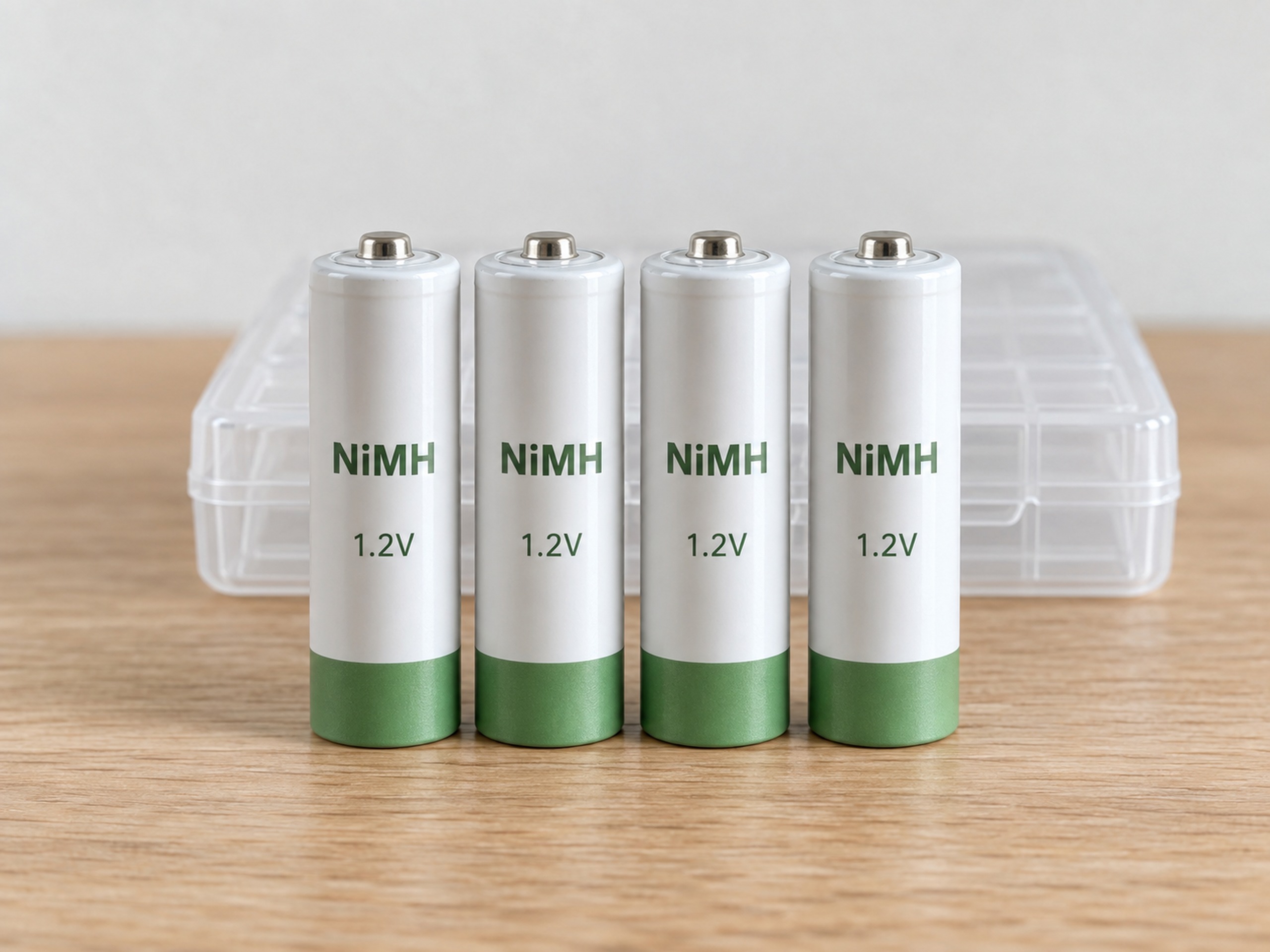 Illustrative set of four matching rechargeable NiMH AA batteries in front of a fitted case