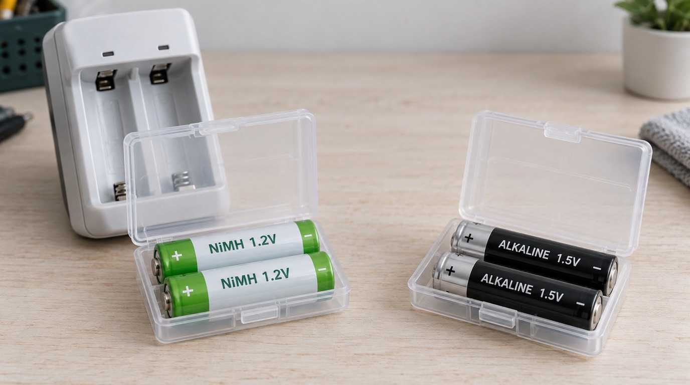 Illustrative comparison of NiMH rechargeable AA cells and alkaline AA cells in separate cases