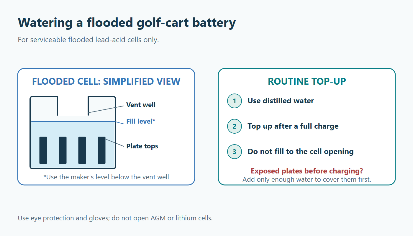 Flooded lead-acid cell showing the vent well, electrolyte fill level and submerged plate tops