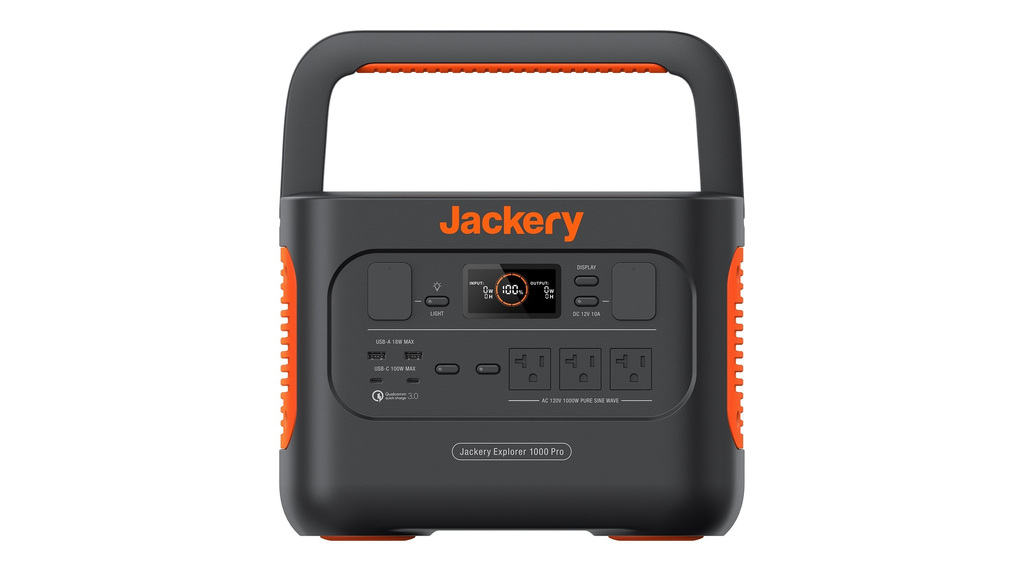 Jackery Explorer 1000 Pro portable power station, manufacturer product photograph showing its front panel and handle