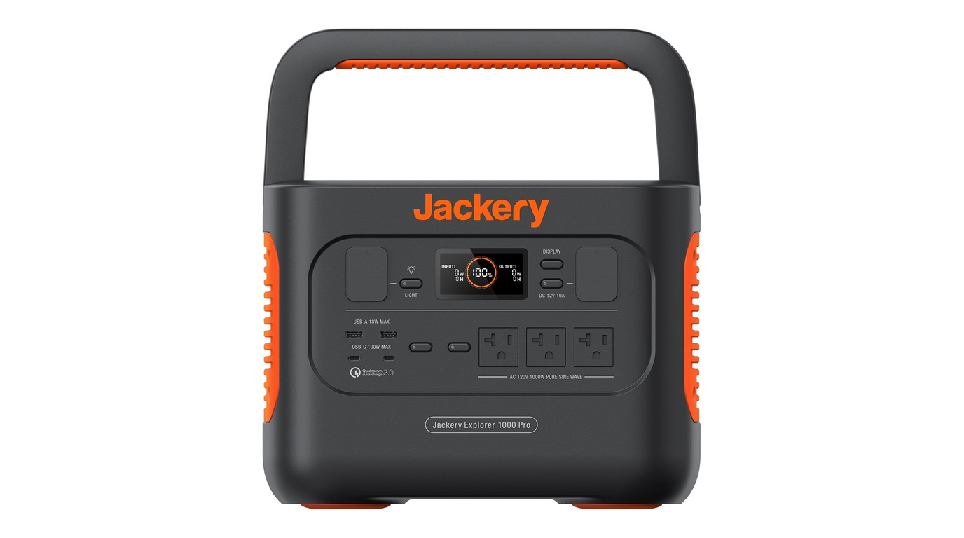 Jackery Explorer 1000 Pro front panel, AC outlets, USB ports and raised carrying handle