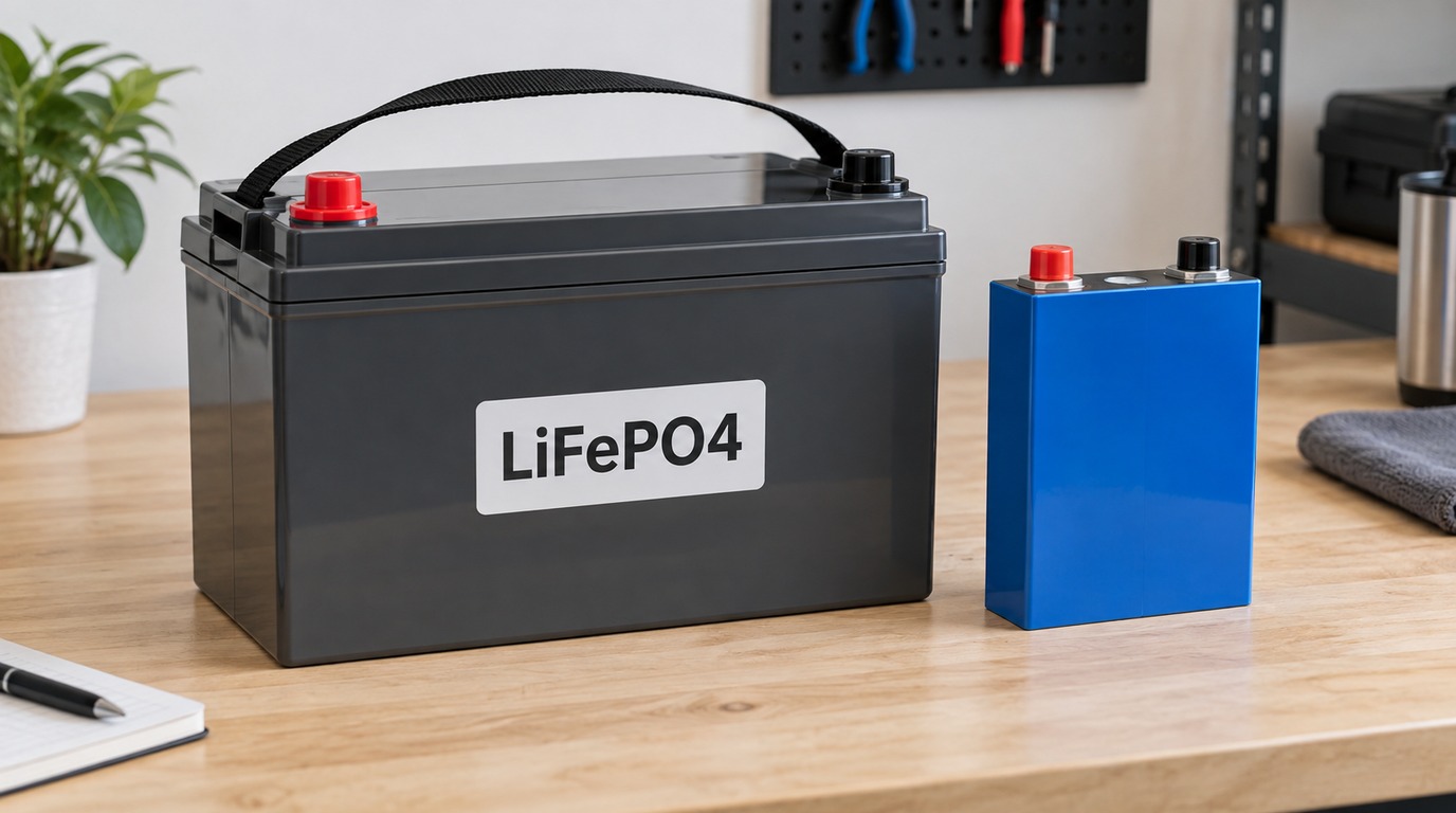 Illustrative packaged LiFePO4 battery next to a separate prismatic battery cell