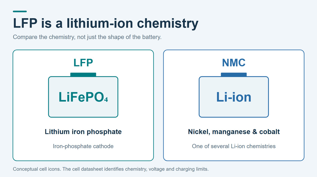 LFP and NMC shown as two lithium-ion cathode chemistries, using conceptual cell icons