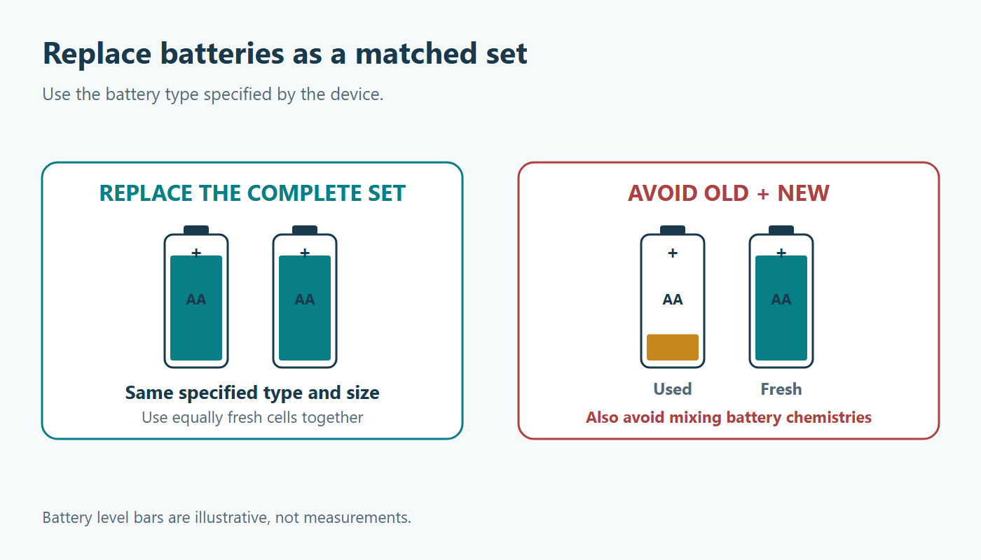 Matched fresh AA batteries compared with a mixed old-and-new pair