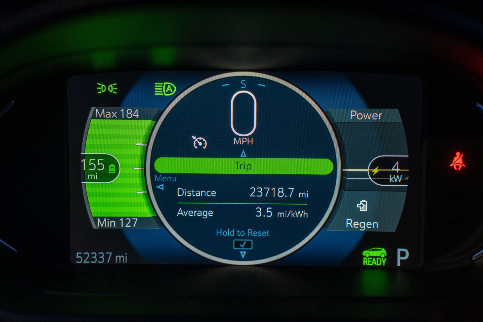 EV dashboard displaying an estimated driving range and battery information