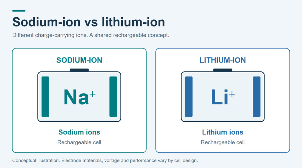 Sodium-ion and lithium-ion conceptual rechargeable cells showing sodium and lithium charge-carrying ions