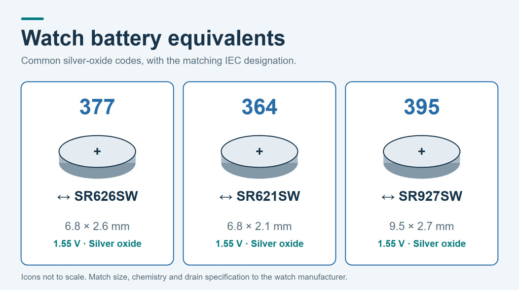 Silver-oxide watch battery equivalents 377 to SR626SW, 364 to SR621SW, and 395 to SR927SW, with dimensions and voltage
