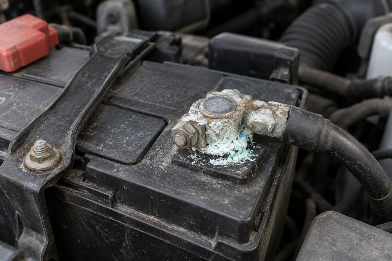 Realistic depiction of white and blue-green corrosion around a car battery terminal clamp