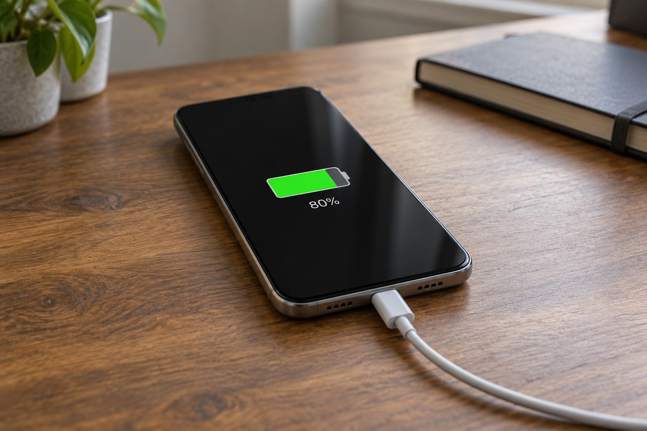 Realistic depiction of a smartphone charging through a USB-C cable on an uncovered wooden desktop